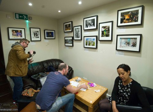 Setting up the Fleet Street Photo Exhibition at "The Fleet Street Press" Coffee and Tea House, 3 Fleet Street, EC4Y 1AU, London. April 21, 2013. Photo: ©Jonathan Buckmaster