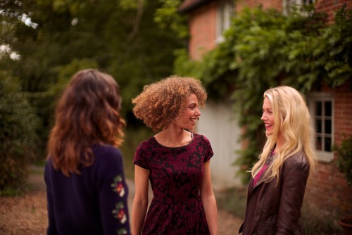 L-R: Models Lizzie Bowden, Leanne Pollock and Sophie Harries. New Look behind the scenes shoot of their Autumn / Winter 2013 collection advertising film by Cherry Duck. Walnuts Farm, Old Heathfield, East Sussex, UK. August 22, 2013. Photo: ©Edmond Terakopian