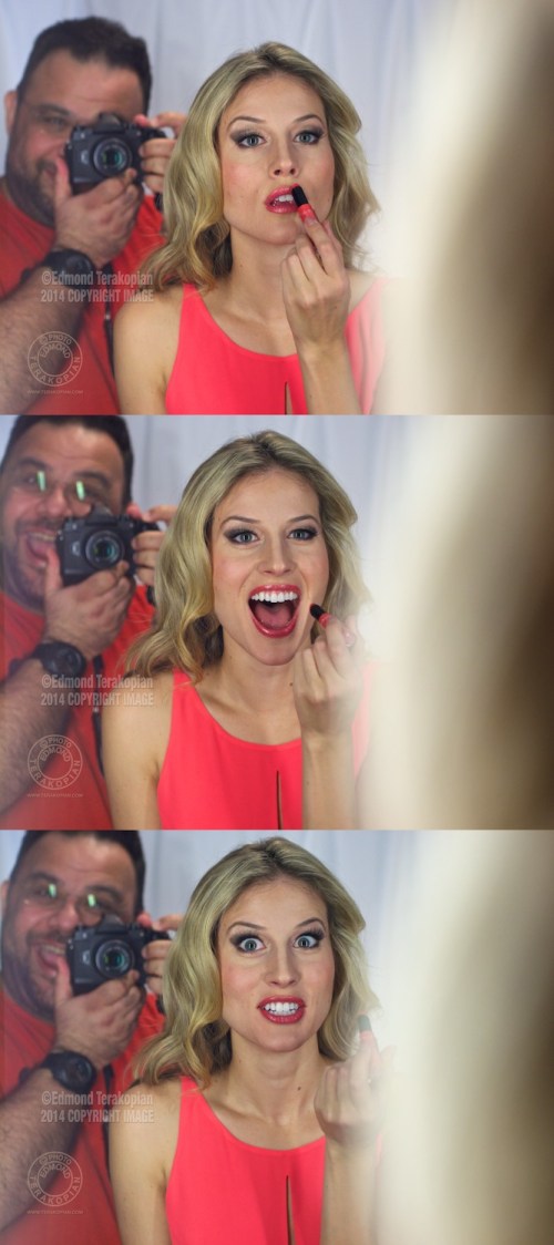 Andrea Feczko (American TV Presenter and digital content creator - www.andreafeczko.com), is photographed by Edmond Terakopian with an Olympus OM-D E-M1 and Olympus 45mm f1.8 lens (pictured) whilst applying makeup at the lavish Thompson Beverly Hills Hotel, LA, USA. January 14, 2014. Photo: Edmond Terakopian