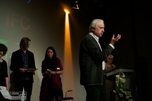 Official opening of the IFC (International Features Conference) by Peter Leonard Braun, also called Leo (German feature-maker), Media Campus (Medienstifftung der Sparkasse Leipzig), Poetenweg, Leipzig, Germany. May 11, 2014. Photo: Edmond Terakopian