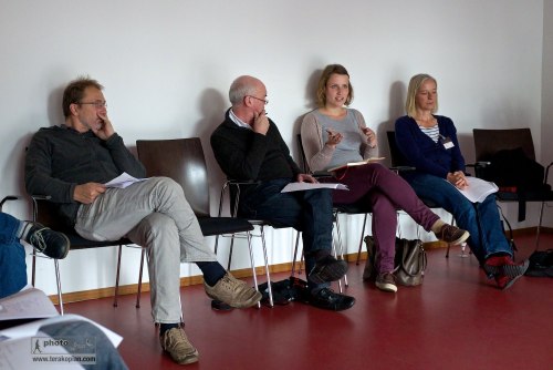 IFC (International Features Conference), Media Campus (Medienstifftung der Sparkasse Leipzig), Poetenweg, Leipzig, Germany. Tina Kunath and the delegates discuss the features programmes listened too earlier in the main hall. May 14, 2014. Photo: Photo: Edmond Terakopian