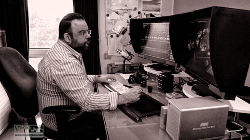 Editing "1 Sixpence 1 Play" using FCP X and a Wacom Intuos 5 Touch graphic's tablet and calibrated Eizo CG276 monitors. Still frame from video; ©Edmond Terakopian