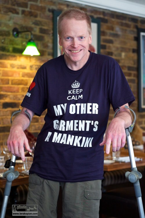 Neil Patience wearing his "Mankini" T-shirt (designed by me as a joke). Kew Grill, Kew. October 22, 2013. Photo: Edmond Terakopian