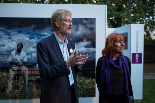 Dan Smith, Secretary General of International Alert  and Carol Allen Storey. The Amahoro Generation by Carol Allen Storey for International Alert. The outdoor exhibition is at the Bernie Spain Gardens, Riverside Walksway (by Oxo Tower Wharf), South Bank, London. September 18, 2014. Photo: Edmond Terakopian