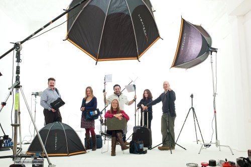 Members of the Snapper Stuff team at Tower Bridge Studios in London. The team with some of the products from Think Tank Photo, KLM, Lightech and LumiQuest.  December 08, 2012. Photo: Ant Upton
